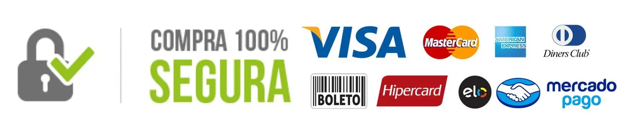 Compra 100% segura - Visa, MasterCard, American Express, Diners Club, Boleto, Hipercard, Elo, Mercado Pago